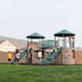 Full view of the Lifetime Double Adventure Tower placed outdoors with kids playing.
