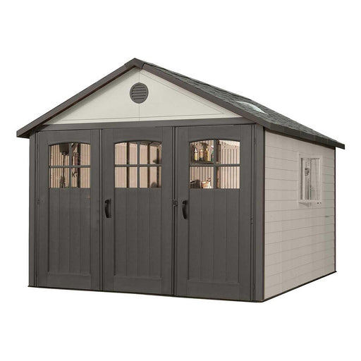 A Lifetime 11 Ft. X 11 Ft. Outdoor Storage Shed - 60187 with doors and windows.