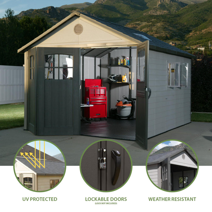 An image of a Lifetime 11 Ft. X 11 Ft. Outdoor Storage Shed - 60187 with different features.