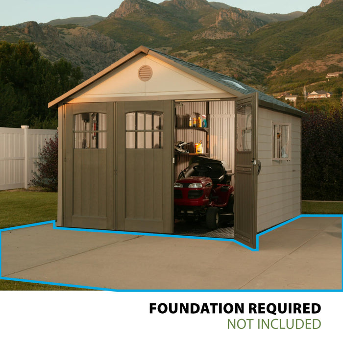 A Lifetime 11 Ft. X 11 Ft. Outdoor Storage Shed - 60187 with an open door and a foundation required.
