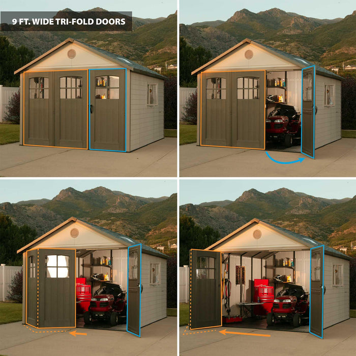 Four pictures of a garage with a Lifetime 11 Ft. X 11 Ft. Outdoor Storage Shed - 60187.