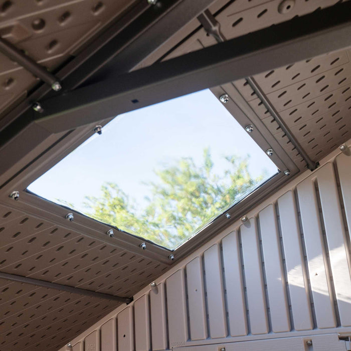The roof of a Lifetime 10 Ft. X 8 Ft. Outdoor Storage Shed - 60005 with a skylight.