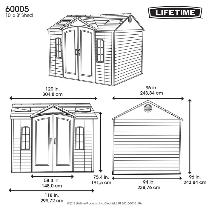 A diagram showing the dimensions of a Lifetime 10 Ft. X 8 Ft. Outdoor Storage Shed - 60005 from the brand Lifetime.
