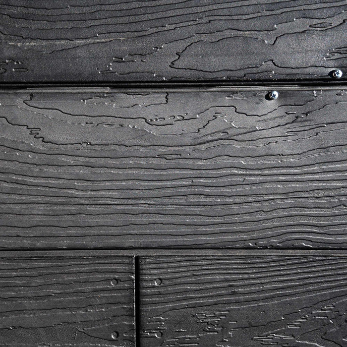 A close up of a Lifetime 10 Ft. X 8 Ft. Outdoor Storage Shed - 60005 black wooden door.