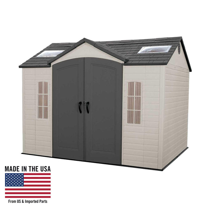 A Lifetime 10 Ft. X 8 Ft. Outdoor Storage Shed - 60005 with an american flag on it.