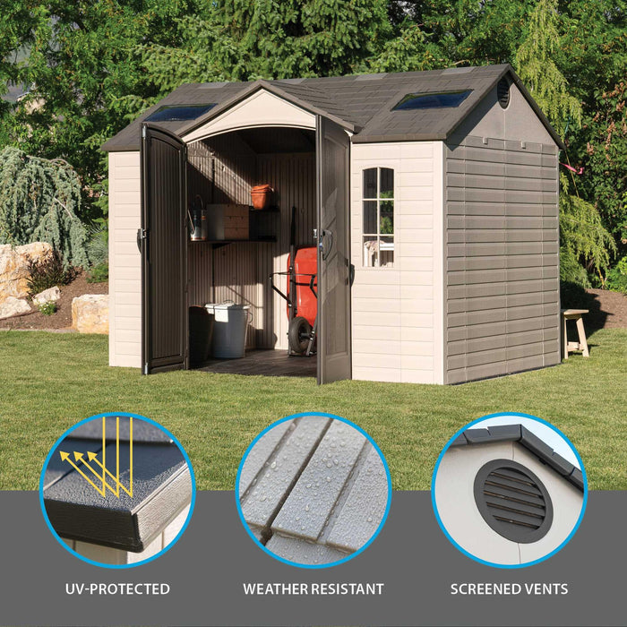 An image of a Lifetime 10 Ft. X 8 Ft. Outdoor Storage Shed - 60005 with different features.