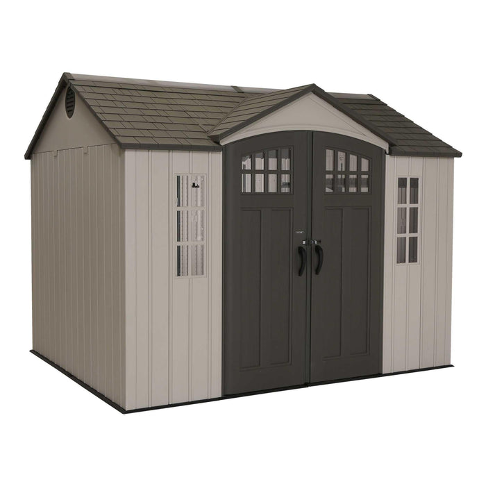 A Lifetime 10 Ft. X 8 Ft. Outdoor Storage Shed - 60118 with doors and windows.