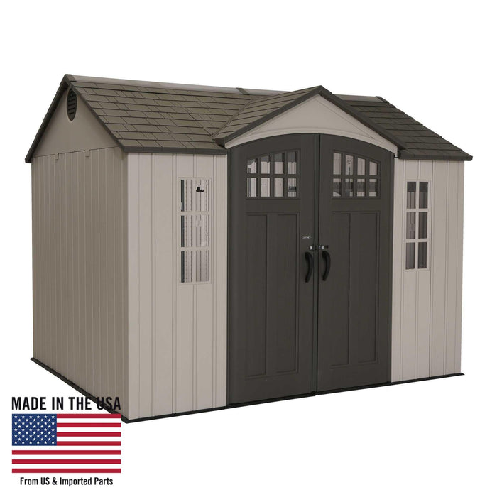 A Lifetime 10 Ft. X 8 Ft. Outdoor Storage Shed - 60118 with an american flag on it.