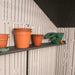 A shelf with Lifetime 10 Ft. X 8 Ft. Outdoor Storage Shed - 60118 and gardening tools.