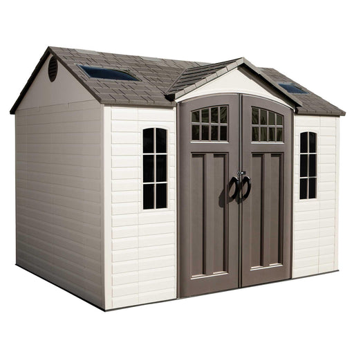A Lifetime 10 Ft. X 8 Ft. Outdoor Storage Shed - 60178 with doors and windows.