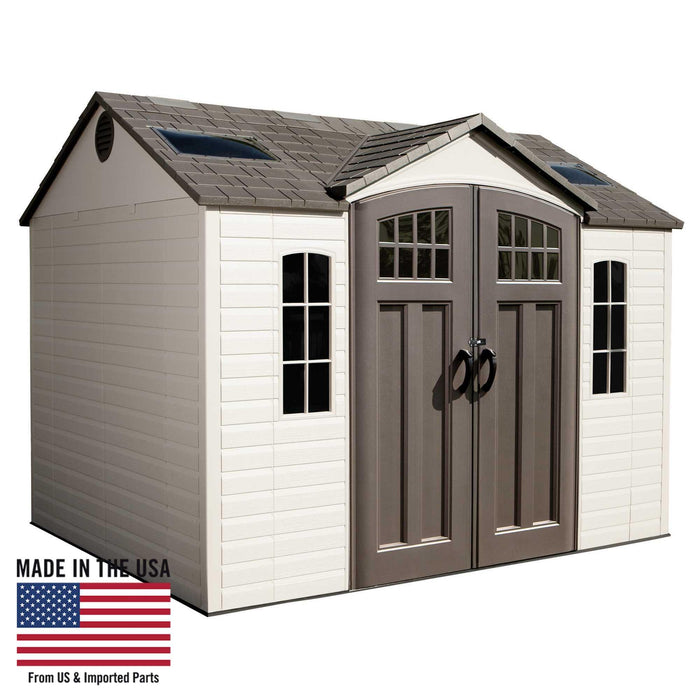 A Lifetime 10 Ft. X 8 Ft. Outdoor Storage Shed - 60178 with an american flag on it.