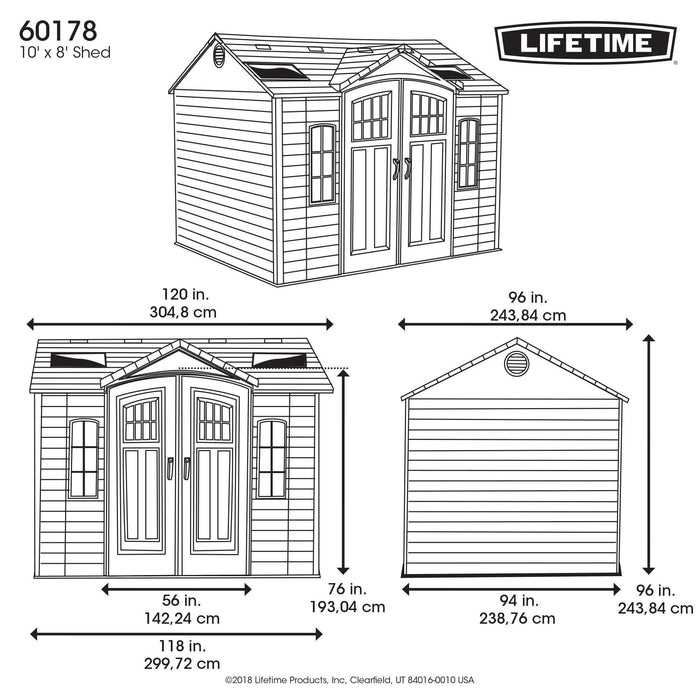 A diagram showing the dimensions of a Lifetime 10 Ft. X 8 Ft. Outdoor Storage Shed - 60178 by Lifetime.