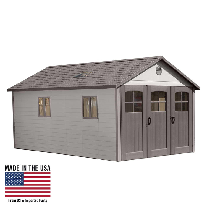 A grey Lifetime shed with an american flag on it.