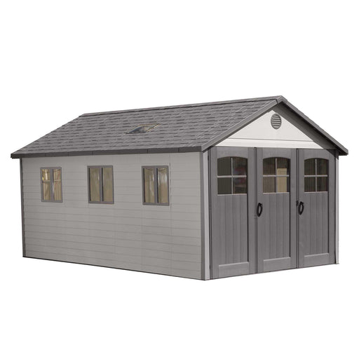 A Lifetime 11 Ft. X 21 Ft. Outdoor Storage Shed - 60237 with two doors and a roof.