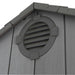 A close up view of a Lifetime 10 Ft. X 8 Ft. Outdoor Storage Shed - 60330 vent on a gray building.
