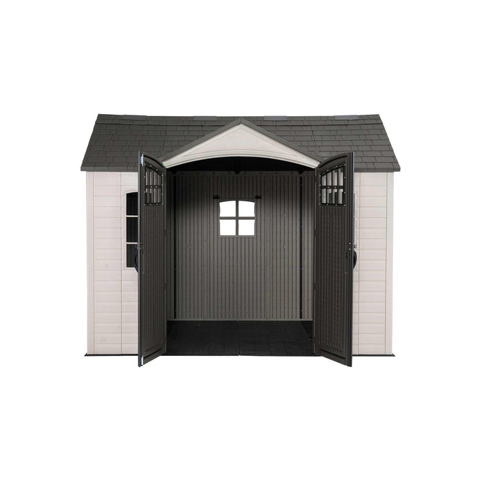 A Lifetime 10 Ft. X 8 Ft. Outdoor Storage Shed - 60333 with a door open on a white background.
