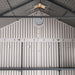 The Lifetime 10 Ft. X 8 Ft. Outdoor Storage Shed - 60333 with a ceiling fan.