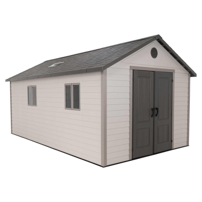 A Lifetime 11 Ft. X 18.5 Ft. Outdoor Storage Shed - 60355 in white and gray on a white background.