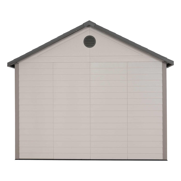 A Lifetime 11 Ft. X 18.5 Ft. Outdoor Storage Shed - 60355 with a grey door.