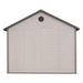 A Lifetime 11 Ft. X 18.5 Ft. Outdoor Storage Shed - 60355 with a grey door.