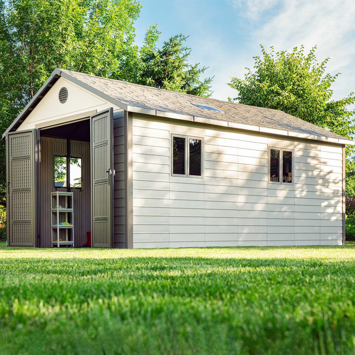 A Lifetime 11 Ft. X 18.5 Ft. Outdoor Storage Shed - 60355 in a grassy area.
