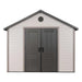 A white and gray Lifetime 11 Ft. X 18.5 Ft. Outdoor Storage Shed - 60355 with doors.