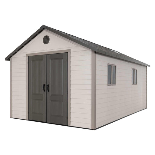A Lifetime 11 Ft. X 18.5 Ft. Outdoor Storage Shed - 60355 with doors and windows.