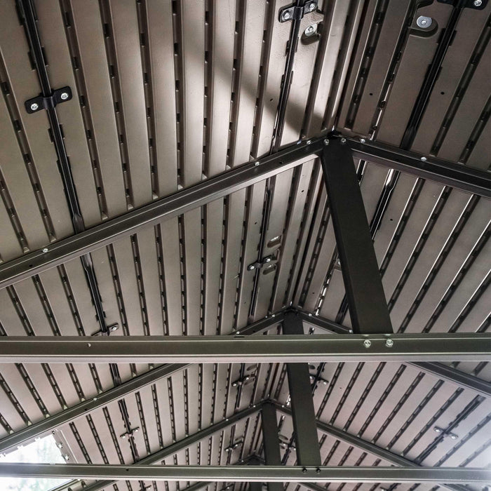 The Lifetime 11 Ft. X 18.5 Ft. Outdoor Storage Shed - 60355 ceiling of a building with metal beams.