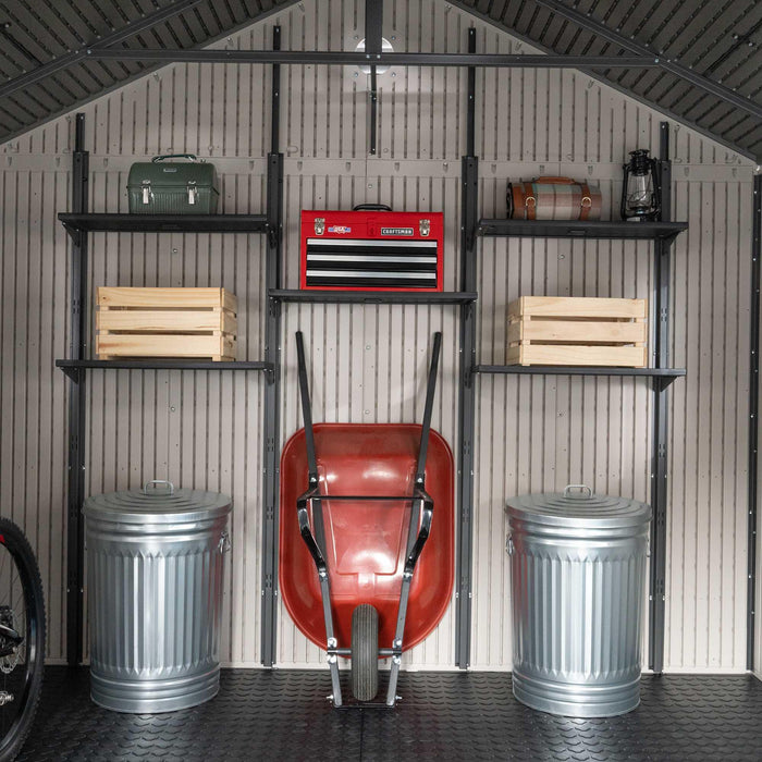 A Lifetime 11 Ft. X 18.5 Ft. Outdoor Storage Shed - 60355 with a red wheelbarrow and other items.