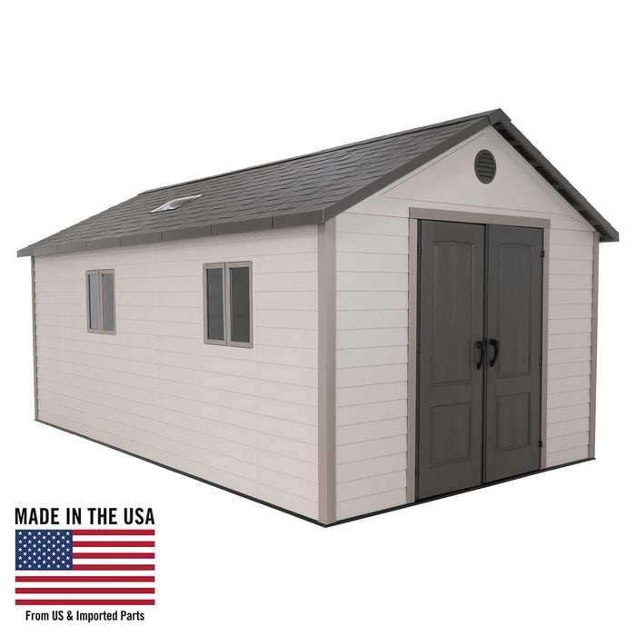 A Lifetime 11 Ft. X 18.5 Ft. Outdoor Storage Shed - 60355 with an american flag on it.