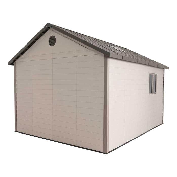 A Lifetime 11 Ft. X 13.5 Ft. Outdoor Storage Shed - 6415 with a grey roof on a white background.