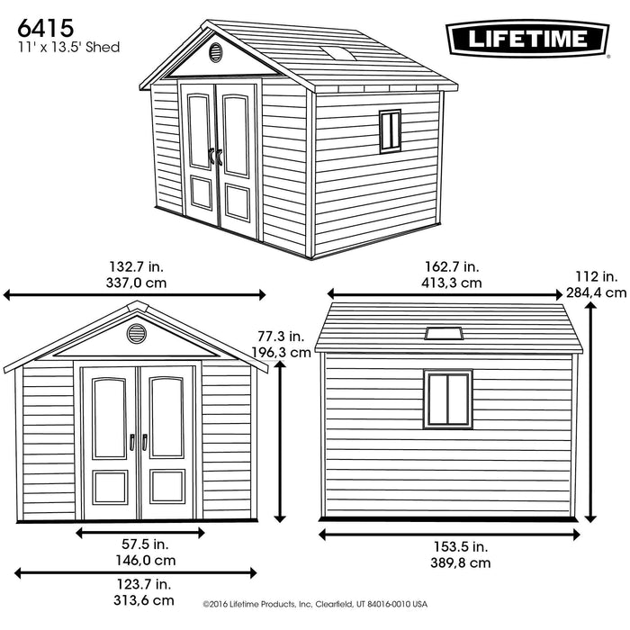 A diagram showing the dimensions of a Lifetime 11 Ft. X 13.5 Ft. Outdoor Storage Shed - 6415 by Lifetime.