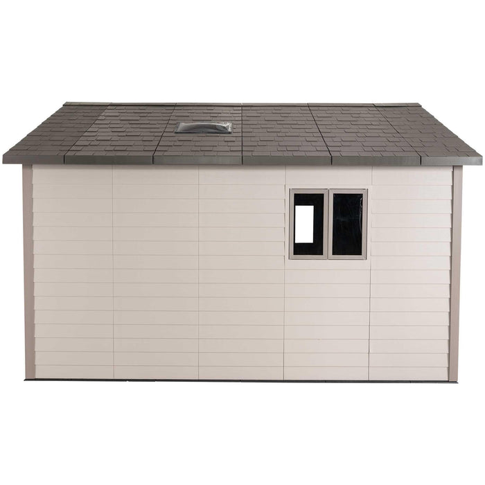 A Lifetime 11 Ft. X 13.5 Ft. Outdoor Storage Shed - 6415 with a roof on top.