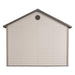 A beige and gray Lifetime 11 Ft. X 13.5 Ft. Outdoor Storage Shed - 6415 with a door.
