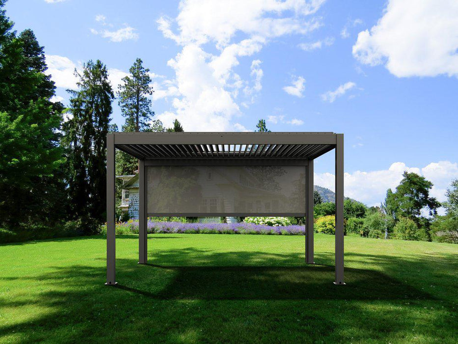 A Bon Pergola Manual Wind Resistant Side Shade/Screen - Only for Villa Pergola (Add-on Only) in the middle of a grassy field.