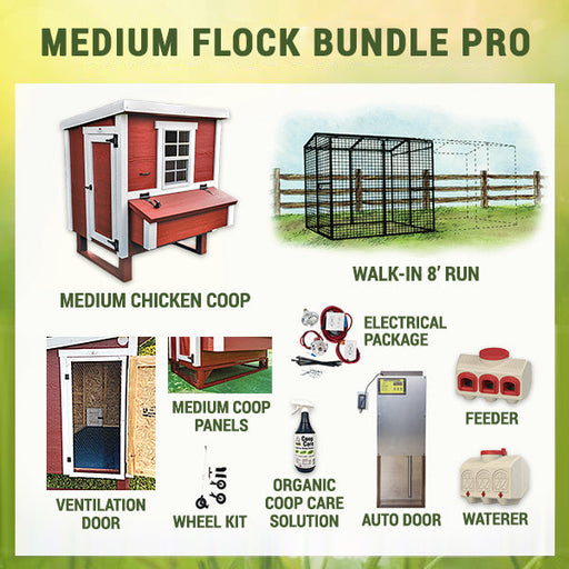 The comprehensive OverEZ Medium Flock Bundle Pro package, featuring a chicken coop, run, feeder, waterer, auto door, wheel kit, electricals, and care solution.