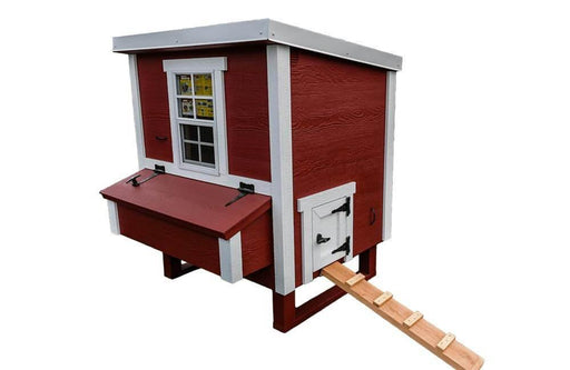 Front view of a classic red Medium OverEZ Chicken Coop, featuring a convenient side door and windows, tailored for up to 10 chickens.