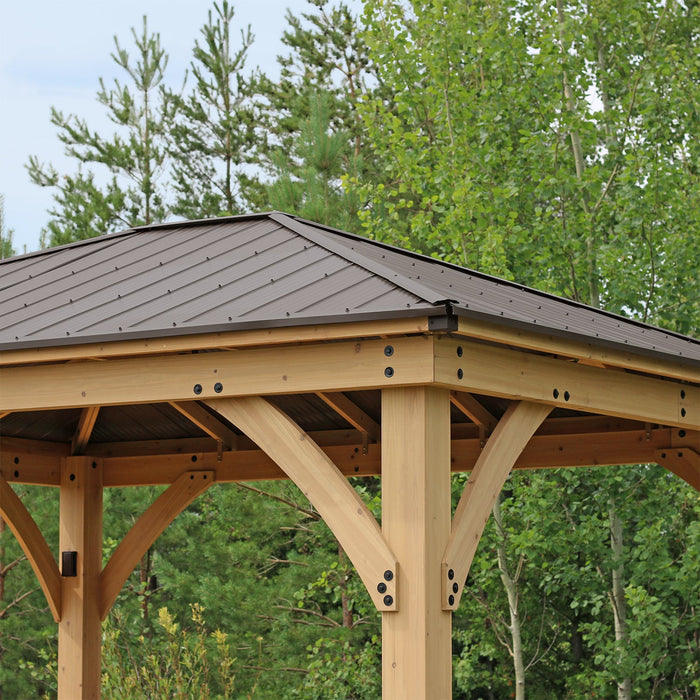 The metal roof and the structure of the Yardistry Meridian Gazebo.