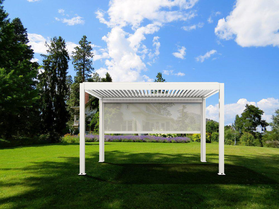 A Bon Pergola Motorized Wind Resistant Side Shade/Screen - Only for Villa Pergola (Add-on Only) in the middle of a grassy field.