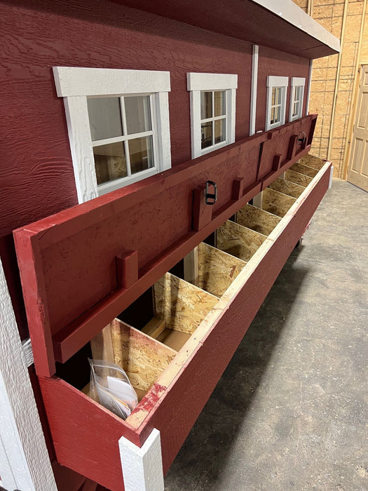 Detailed view of the nesting boxes on the OverEZ Jumbo Chicken Coop, showing ten compartments designed for comfort and ease of access.