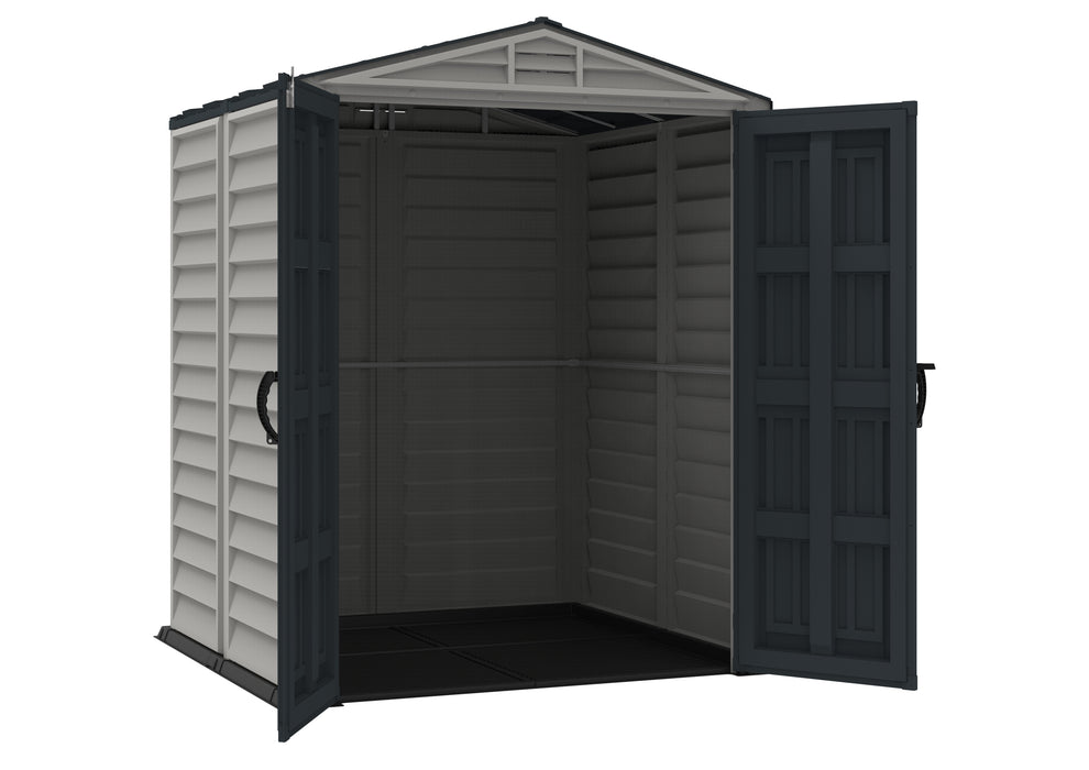 Interior shot of Duramax YardMate Plus 5'x5' Shed showing the spacious inside with open door, perfect for storing outdoor equipment.