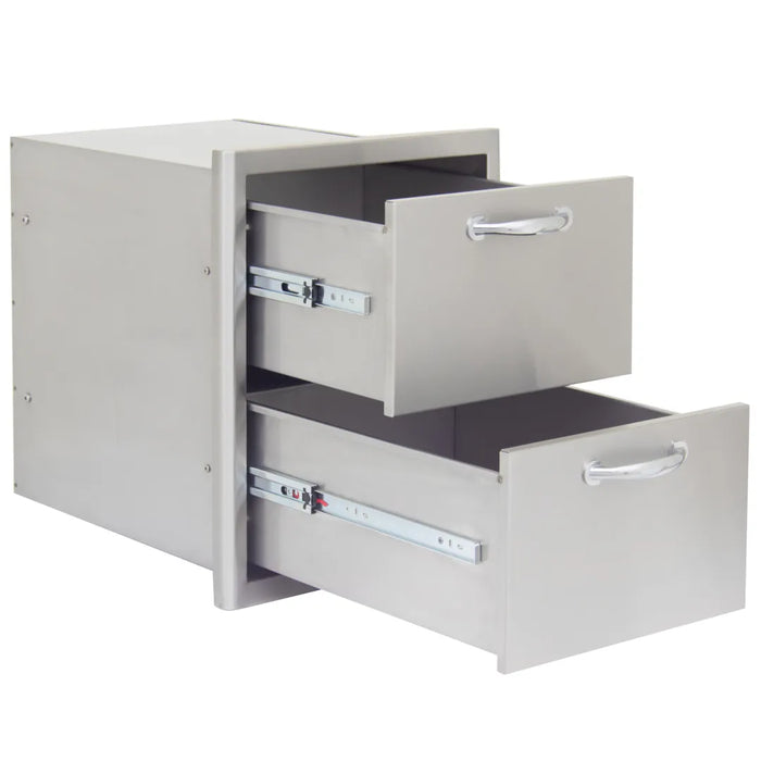 A stainless steel Blaze Grills 16-Inch Double Access Drawer with two storage drawers, perfect for Blaze grills.