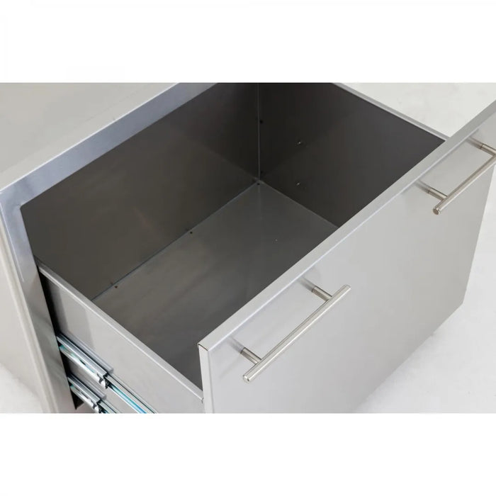 An outdoor kitchen drawer designed for storing cold beverages, featuring two Blaze Grills 30-Inch Insulated Ice Drawers made of stainless steel.