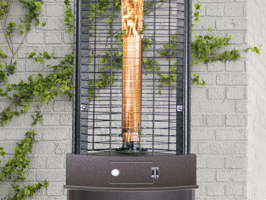 Detailed view of the Vulcan Round Flame Heater with the protective grill and warm glow of the heater visible behind.