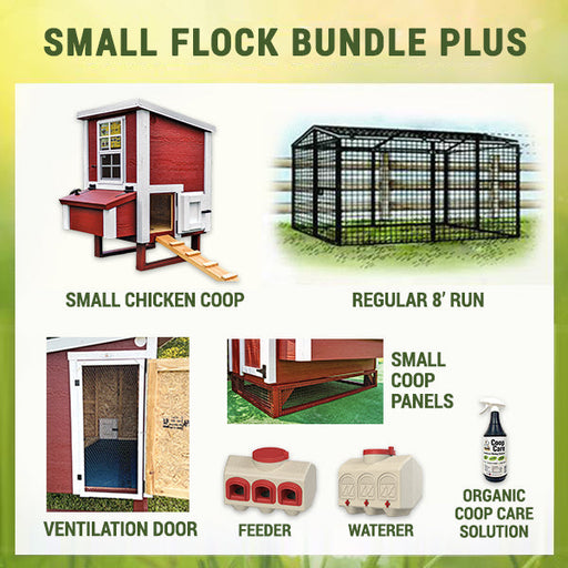 An image displaying the OverEZ Chicken Coop Small Flock Bundle Plus with its components: a red compact coop, standard chicken run, red feeder, care spray, panels, and a barn-style white waterer.