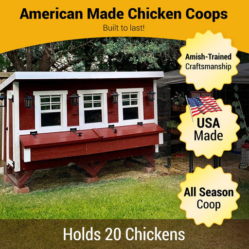 A sturdy OverEZ XL Chicken Coop in classic red, accommodating up to 20 chickens, featuring durable craftsmanship and Amish-trained construction.