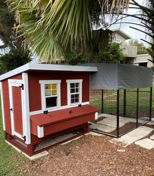 Side view of an OverEZ chicken coop with an attached 8 ft. walk-in run, demonstrating the functional design.