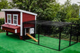 The OverEZ chicken coop, in red and white, attached to a Rugged Ranch Run, offering a safe, spacious outdoor area for chickens, included in the OverEZ Chicken Coop Small Flock Bundle Pro.