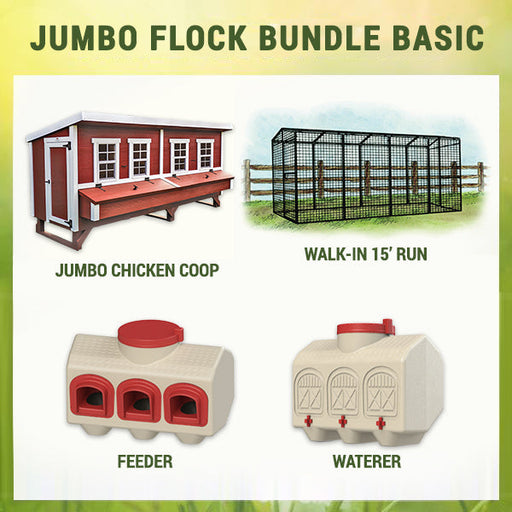 Complete set of the OverEZ Jumbo Flock Bundle Basic including the chicken coop, spacious run, feeder, and waterer, perfect for backyard poultry enthusiasts.