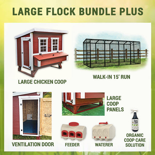 The comprehensive OverEZ Large Flock Bundle Plus package, featuring a chicken coop, run, panels, feeder, waterer, and coop care solution.